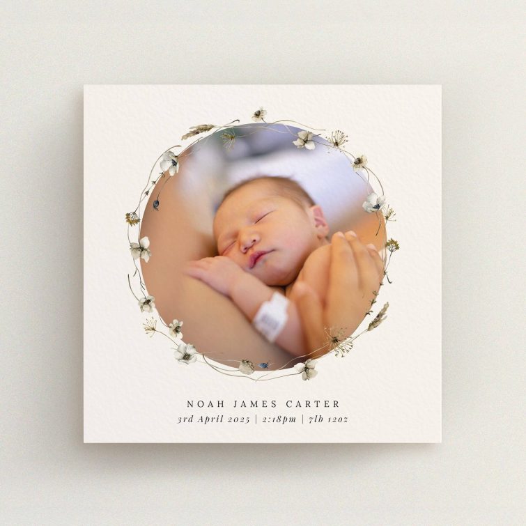 Floral birth announcement card design with one photo of a newborn baby.