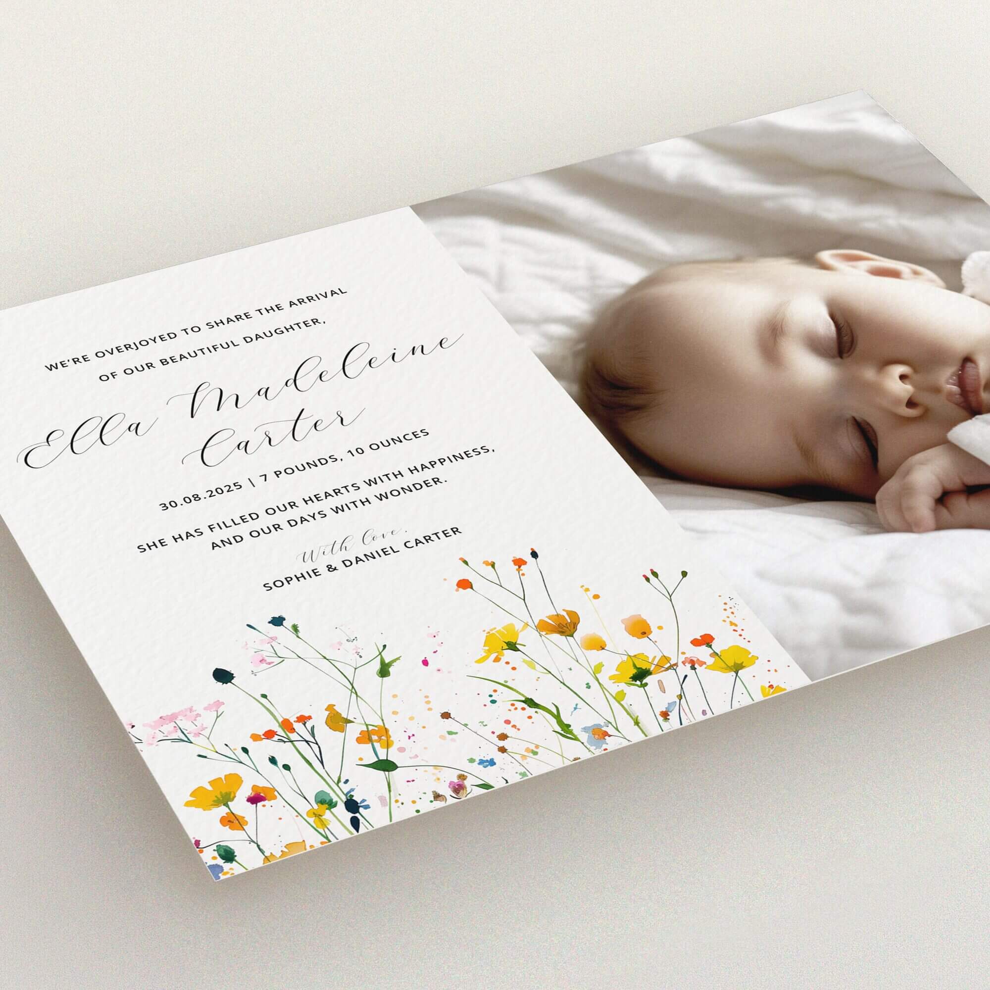 Floral birth announcement card design with one photo of a sleeping baby.