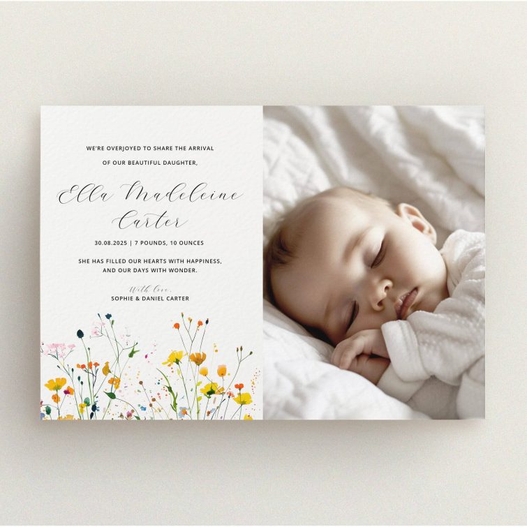 Floral birth announcement card design with one photo of a sleeping baby.