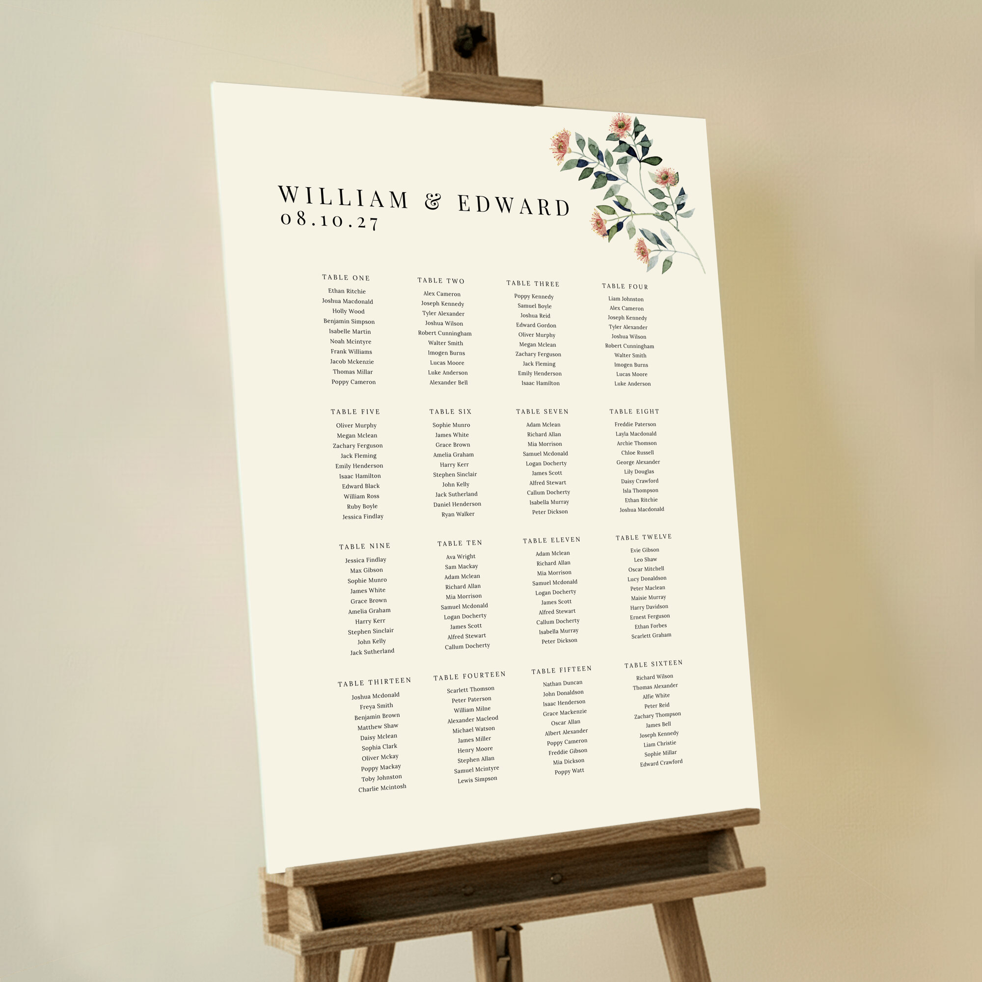 Personalized Wildflower Dreams Foamex Seating Plan featuring hand-painted wildflowers and leaves, perfect for a summery wedding ambiance. This one shows 16 tables.