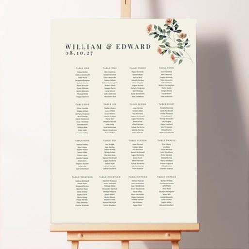 Personalized Wildflower Dreams Foamex Seating Plan featuring hand-painted wildflowers and leaves, perfect for a summery wedding ambiance. This one shows 16 tables.