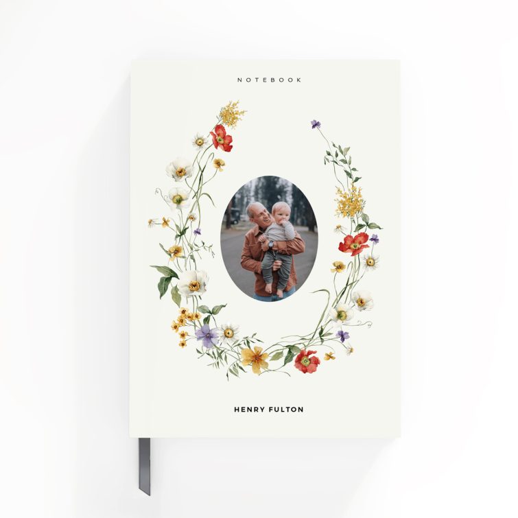 Floral design personalised notebook with one photo on a cream background by Utterly Printable.