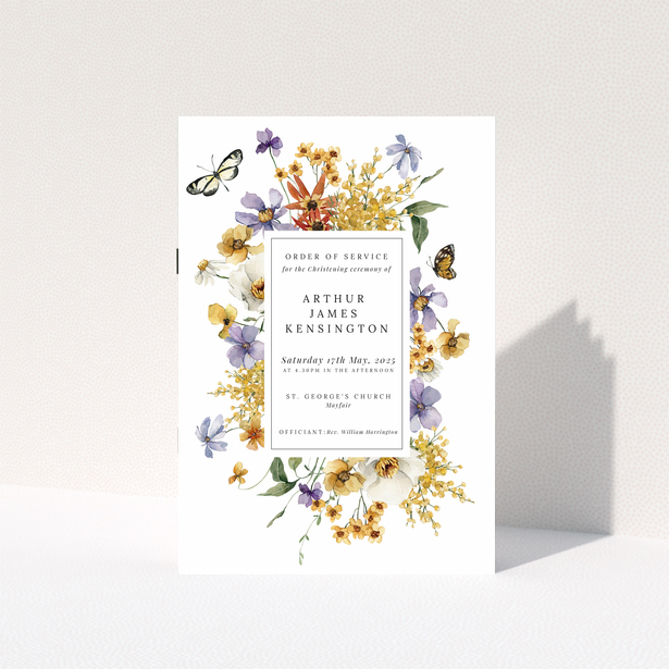 Colourful floral design for a christening order of service program featuring one large photo number.