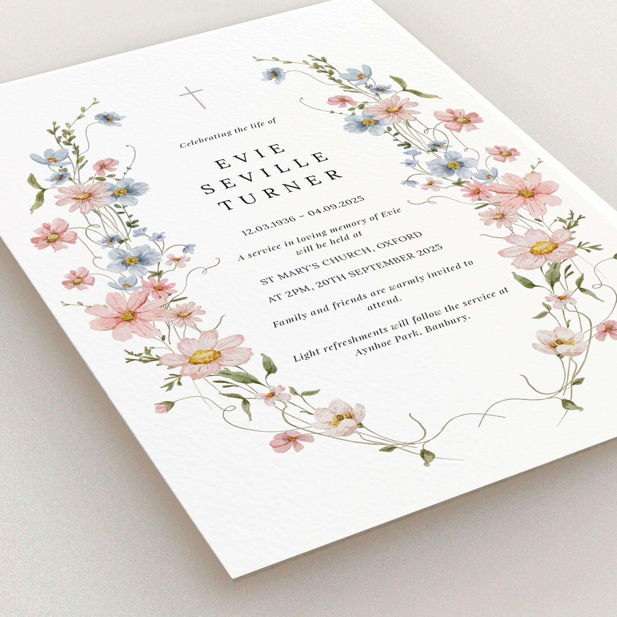 Floral funeral announcement design with one decorative photo placeholder.