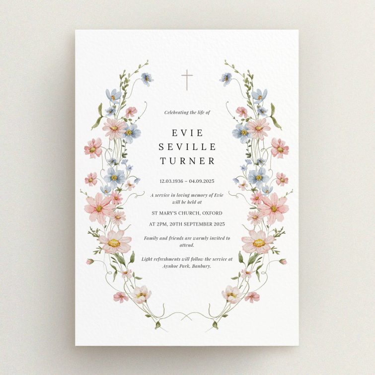 Floral funeral announcement design with one decorative photo placeholder.