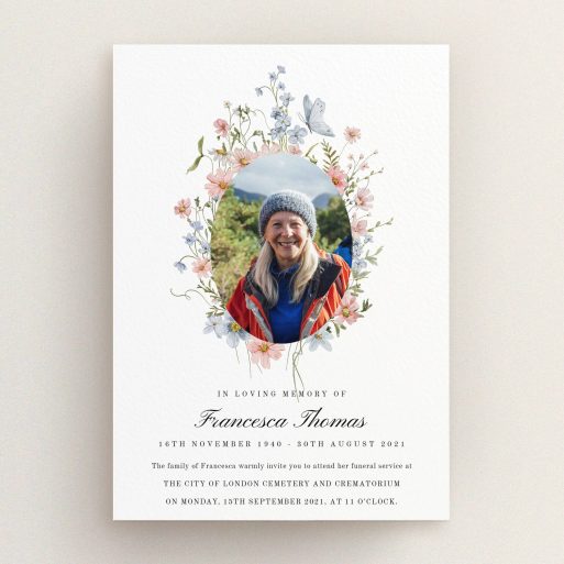 Floral Funeral Announcement Floral design funeral announcement with one photo of a woman wearing a hat.