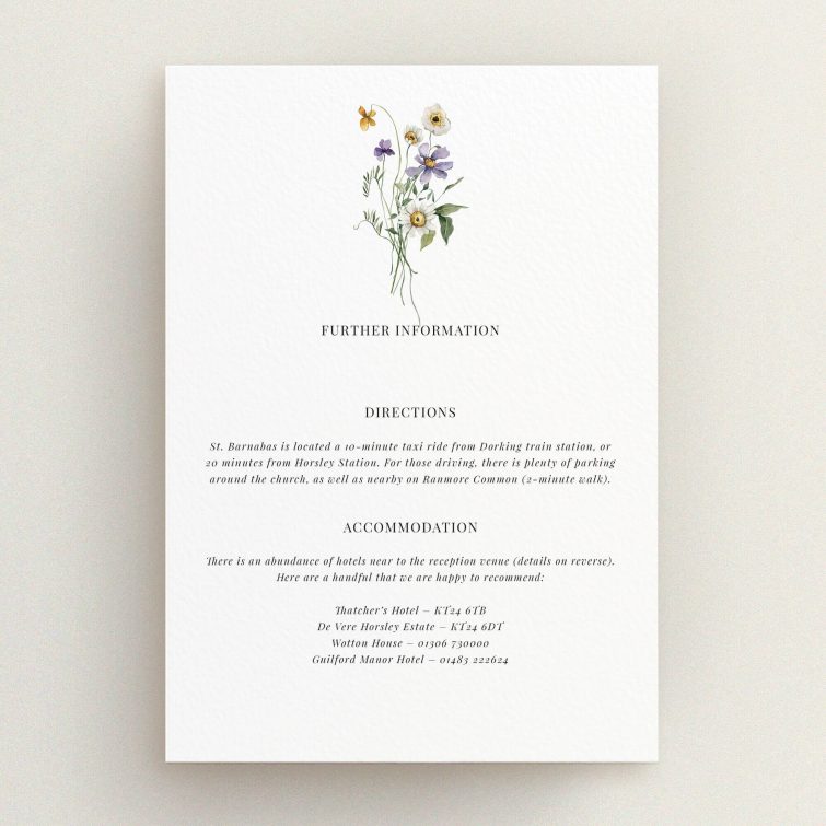Floral wedding invitation with directions and accommodation details, featuring one floral illustration.