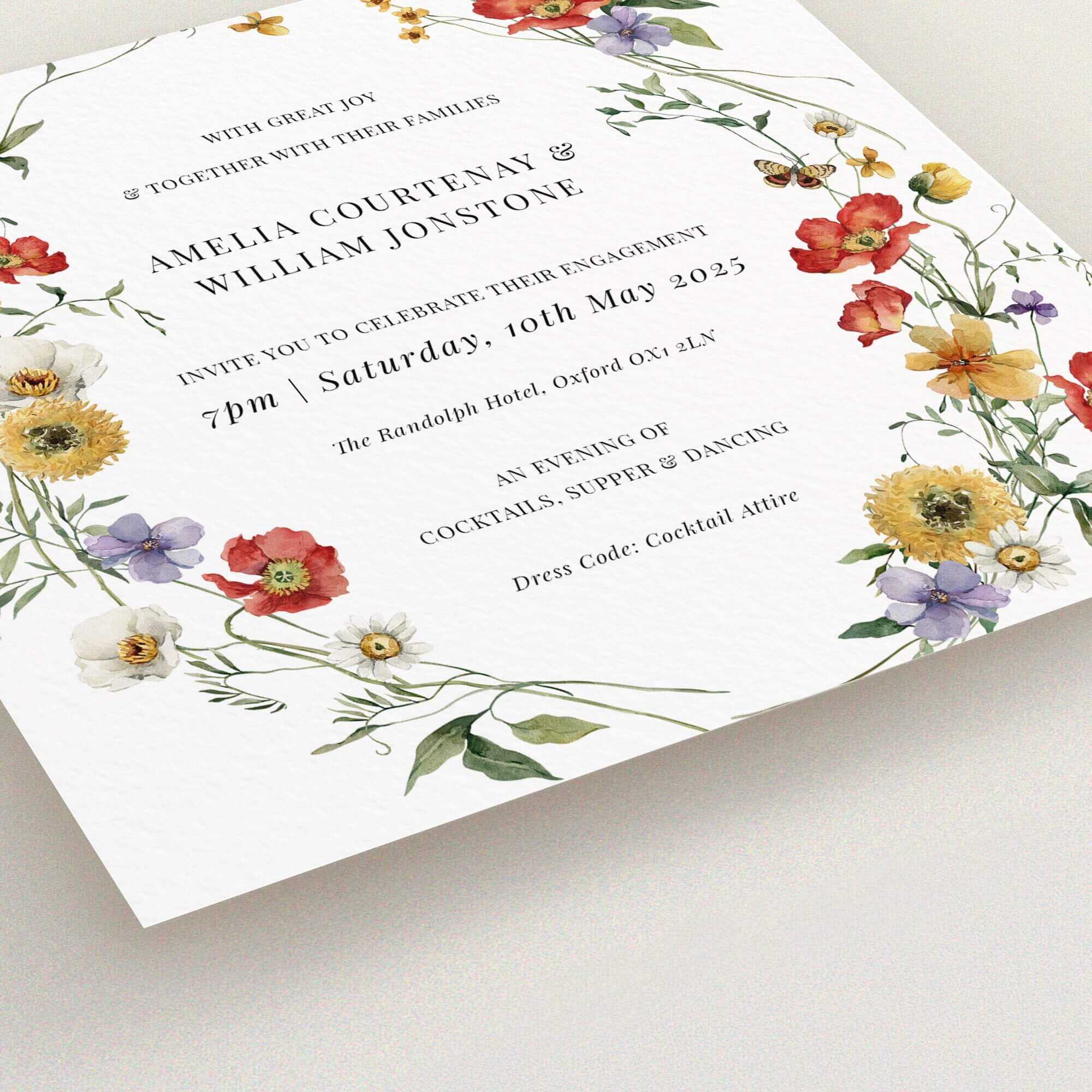 Floral engagement party invitations with elegant design and text-centered layout featuring colourful botanical illustrations, no photos included