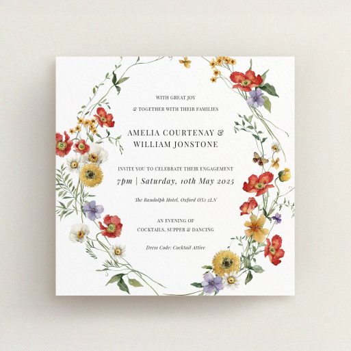 Floral engagement party invitations with elegant design and text-centered layout featuring colourful botanical illustrations, no photos included