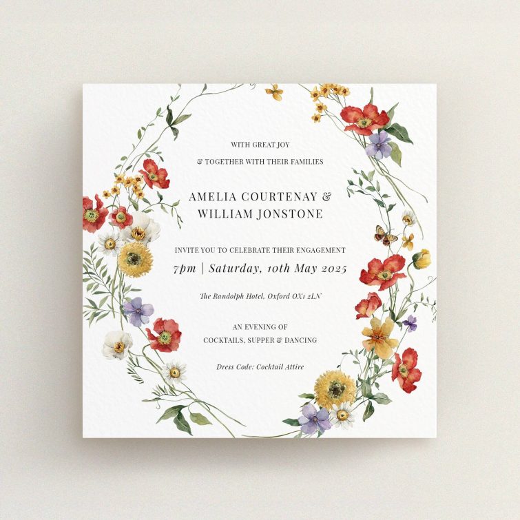 Floral engagement party invitations with elegant design and text-centered layout featuring colourful botanical illustrations, no photos included