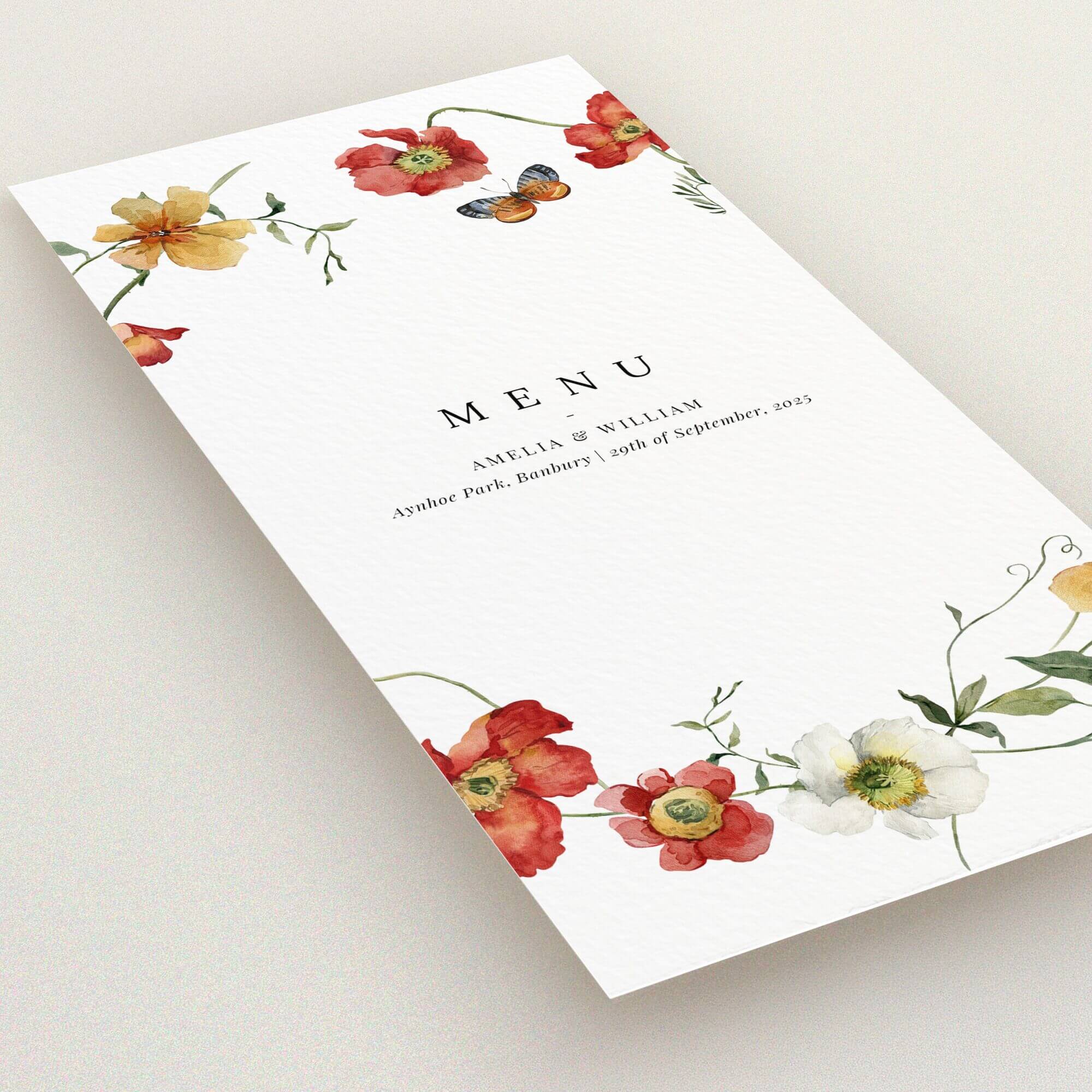 Floral wedding menu card design with elegant botanical illustrations and one butterfly.