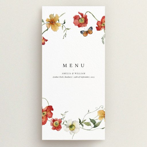 Floral wedding menu card design with elegant botanical illustrations and one butterfly.