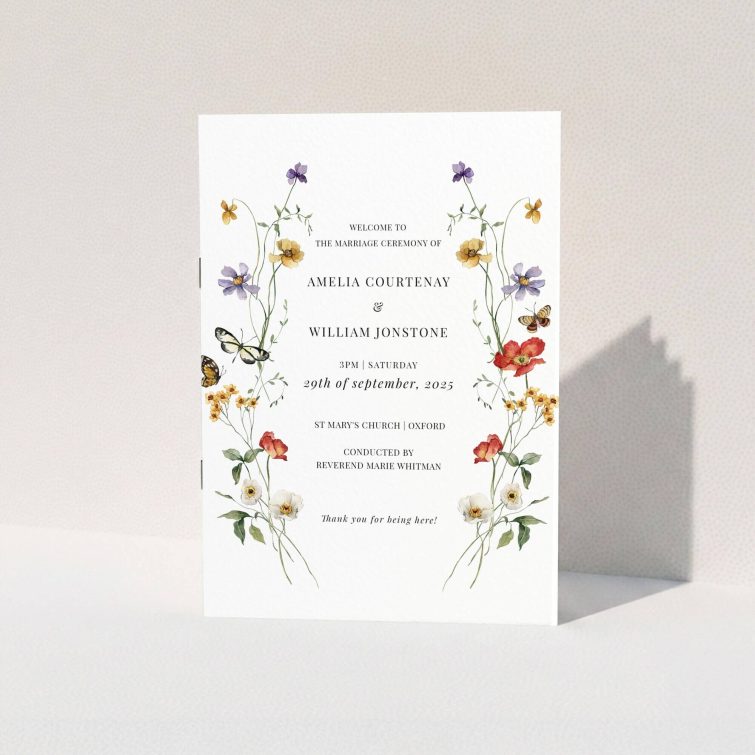 Floral wedding order of service program design with butterfly illustrations and decorative text.