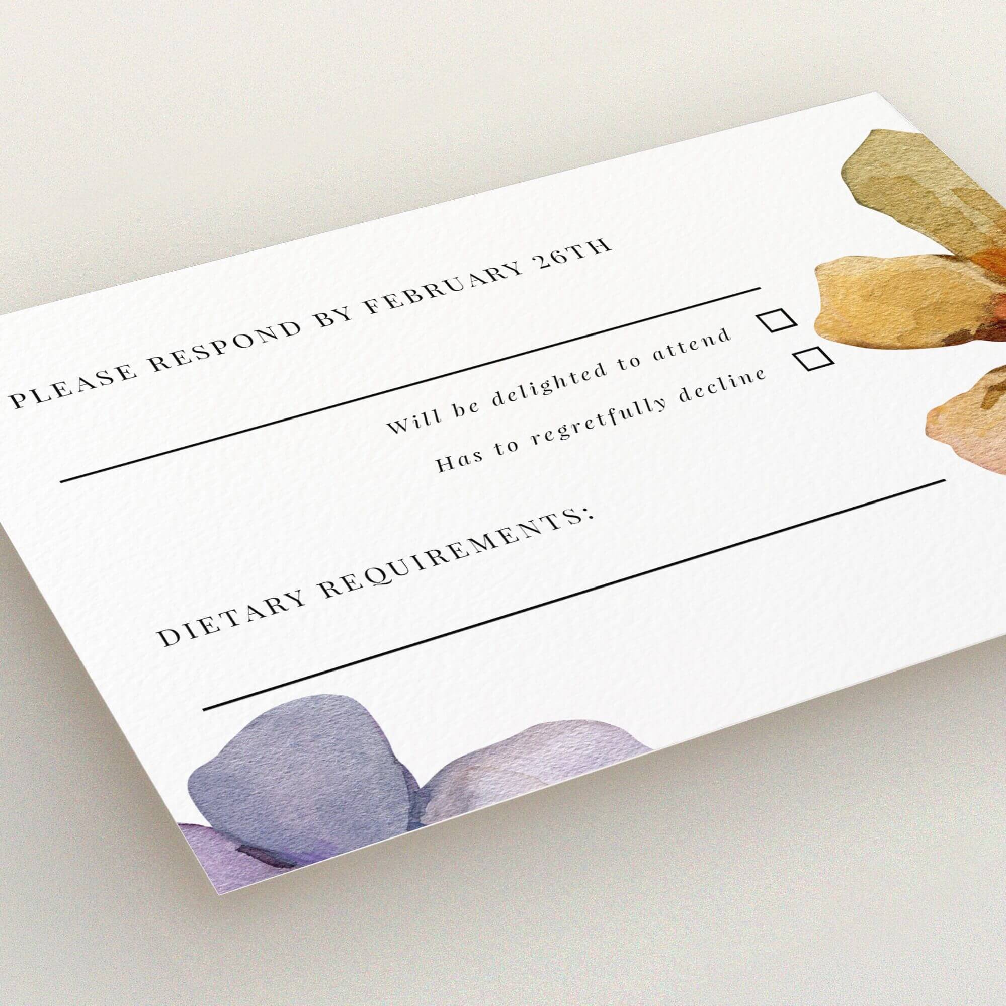 Floral wedding RSVP card with two large decorative flowers.