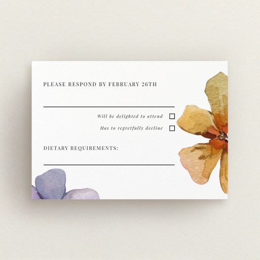 Floral wedding RSVP card with two large decorative flowers.
