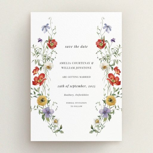 Floral wedding save the date card design with two decorative photo elements