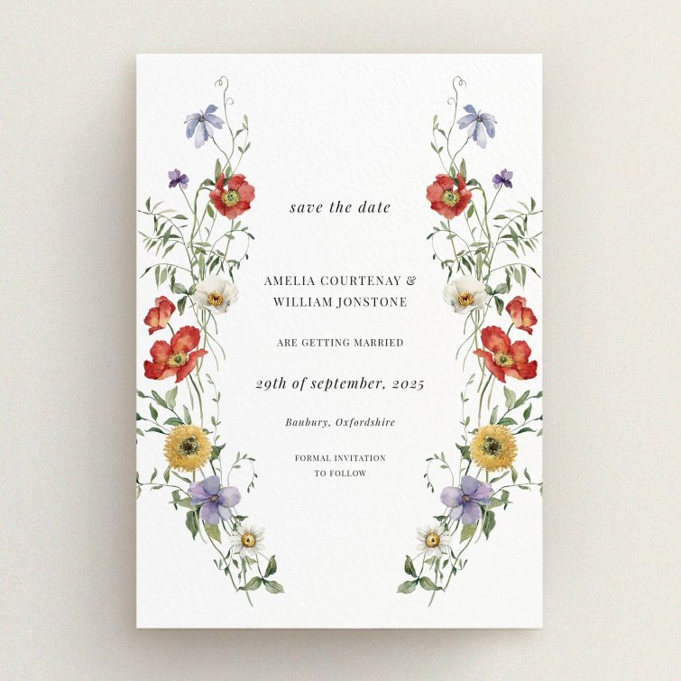 Floral wedding save the date card design with two decorative photo elements