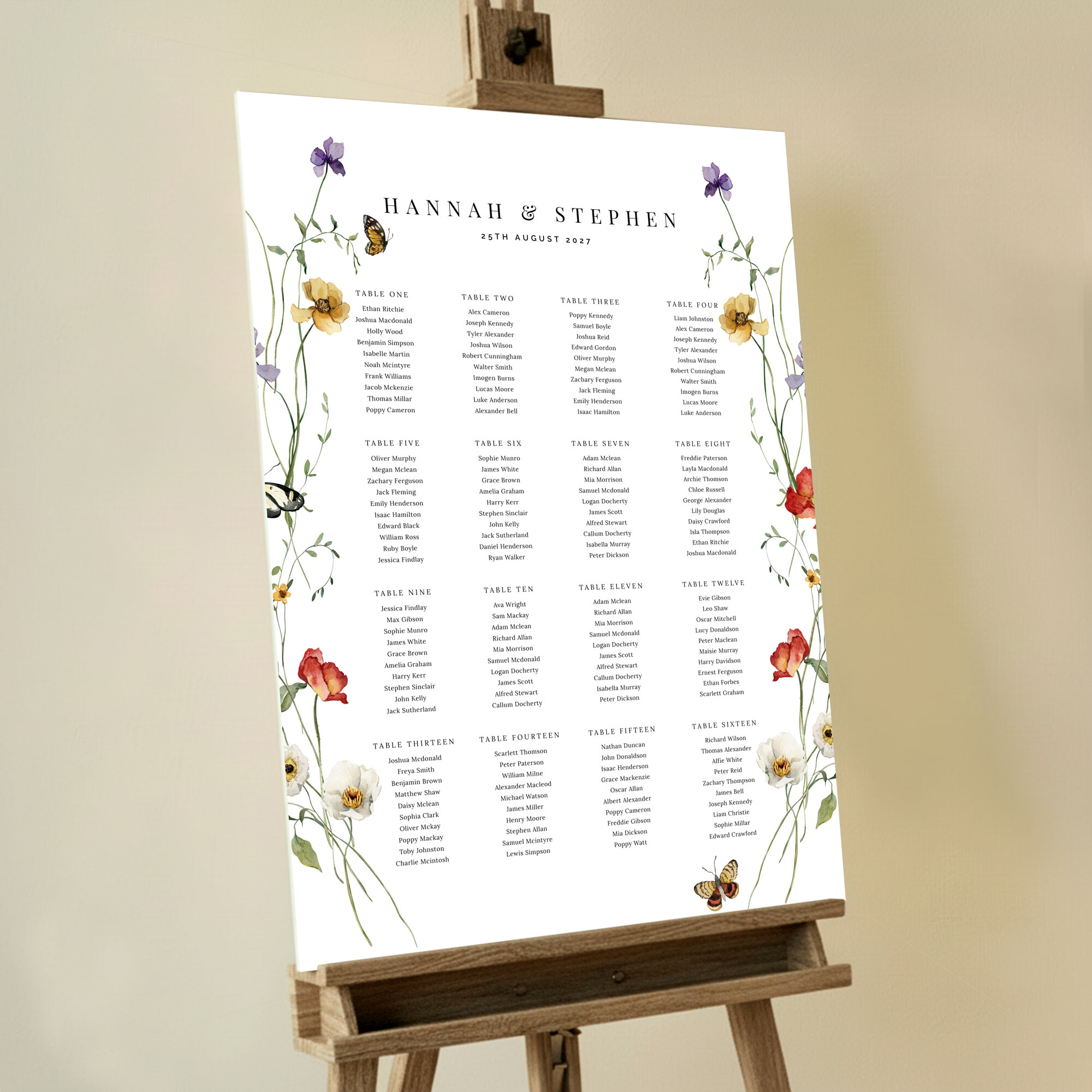 Floral wedding table plan with vibrant botanical illustrations and butterfly accents, featuring sixteen tables and no photos. This one shows 16 tables.