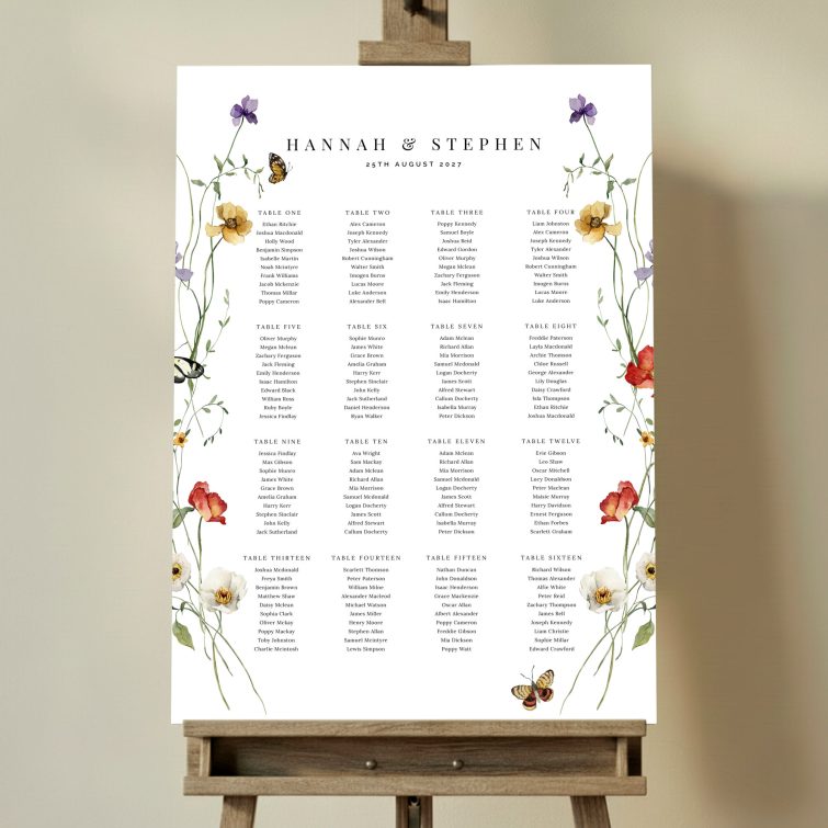Floral wedding table plan with vibrant botanical illustrations and butterfly accents, featuring sixteen tables and no photos. This one shows 16 tables.