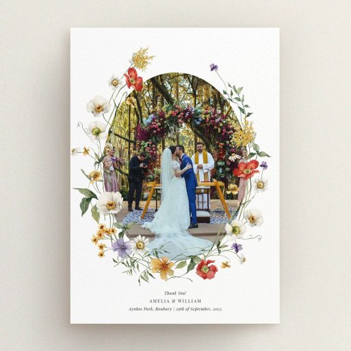 Floral wedding thank you card design with one photo.