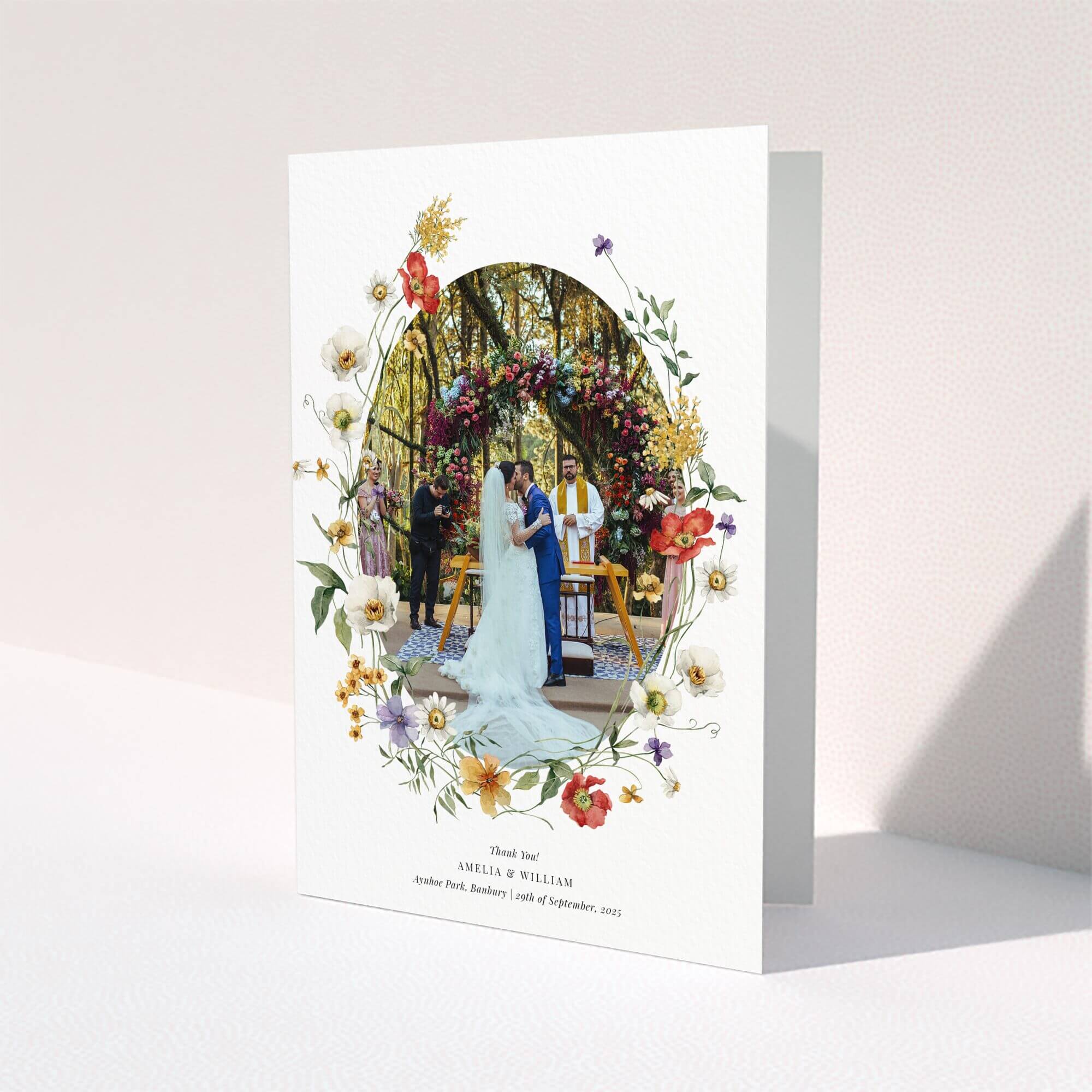 Floral wedding thank you card design with one photo.