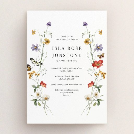 Floral Funeral Announcement Funeral announcement card with floral design and two butterfly illustrations.