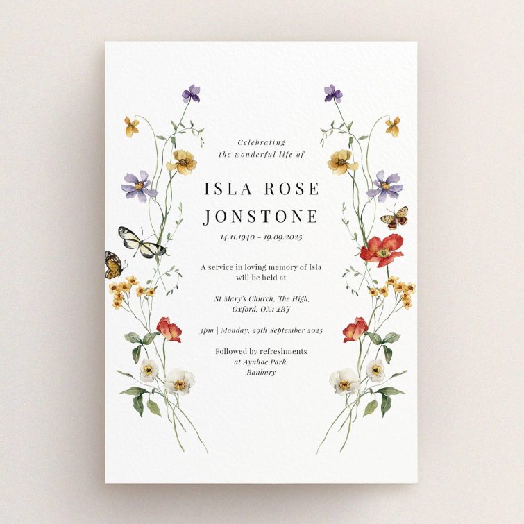 Funeral announcement card with floral design and two butterfly illustrations.