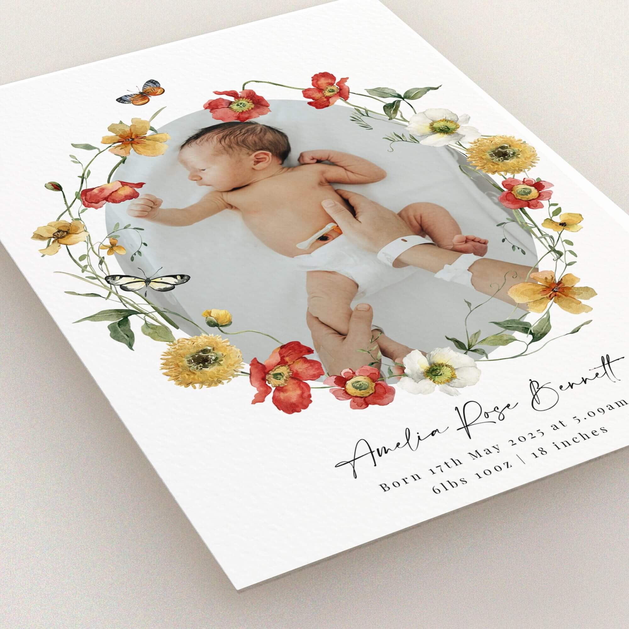 Floral birth announcement card design with one photo of a newborn baby surrounded by colourful flowers.