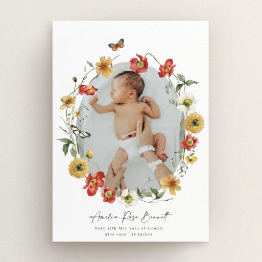 Floral birth announcement card design with one photo of a newborn baby surrounded by colourful flowers.