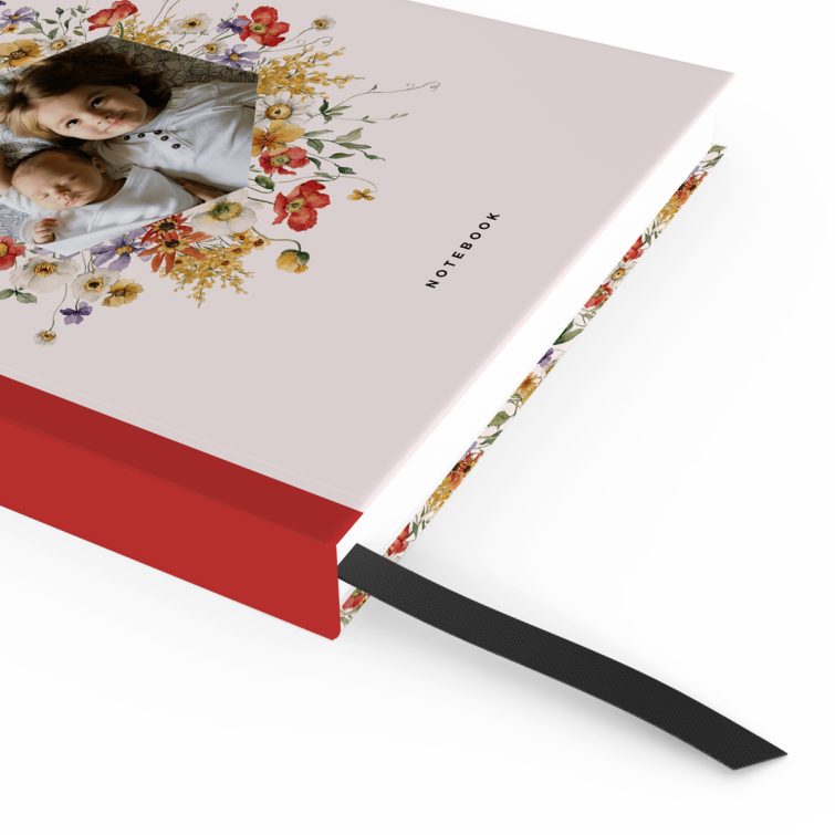 Floral personalized notebook design with vibrant botanical illustrations and one photo placeholder.