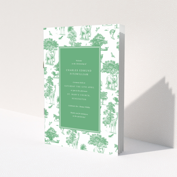 Christening order of service program with animal illustrations and green text background