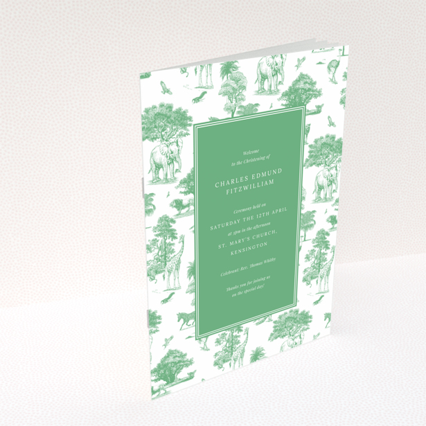 Christening order of service program back page design with green and white illustrated cover featuring nature and animal motifs - Portrait