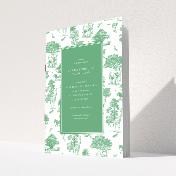 Christening order of service program back page design with green and white illustrated cover featuring nature and animal motifs - Portrait