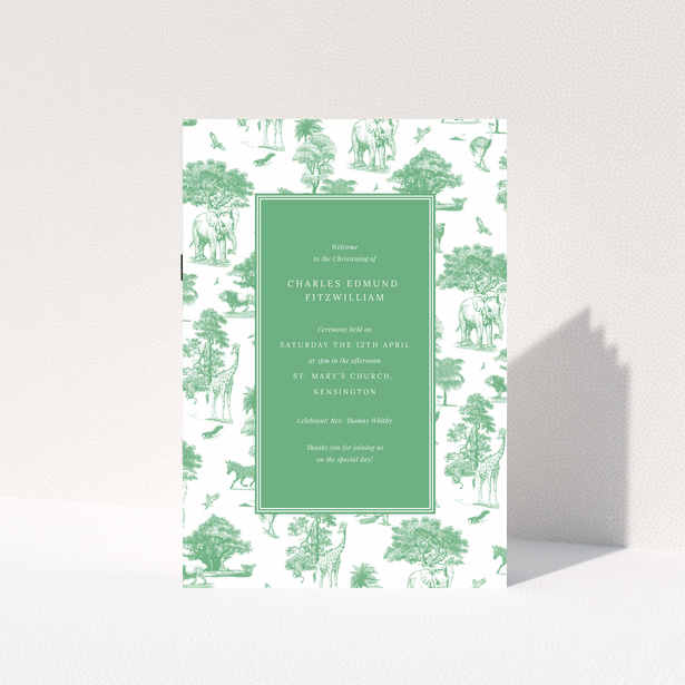 Christening order of service program with animal illustrations and green text background