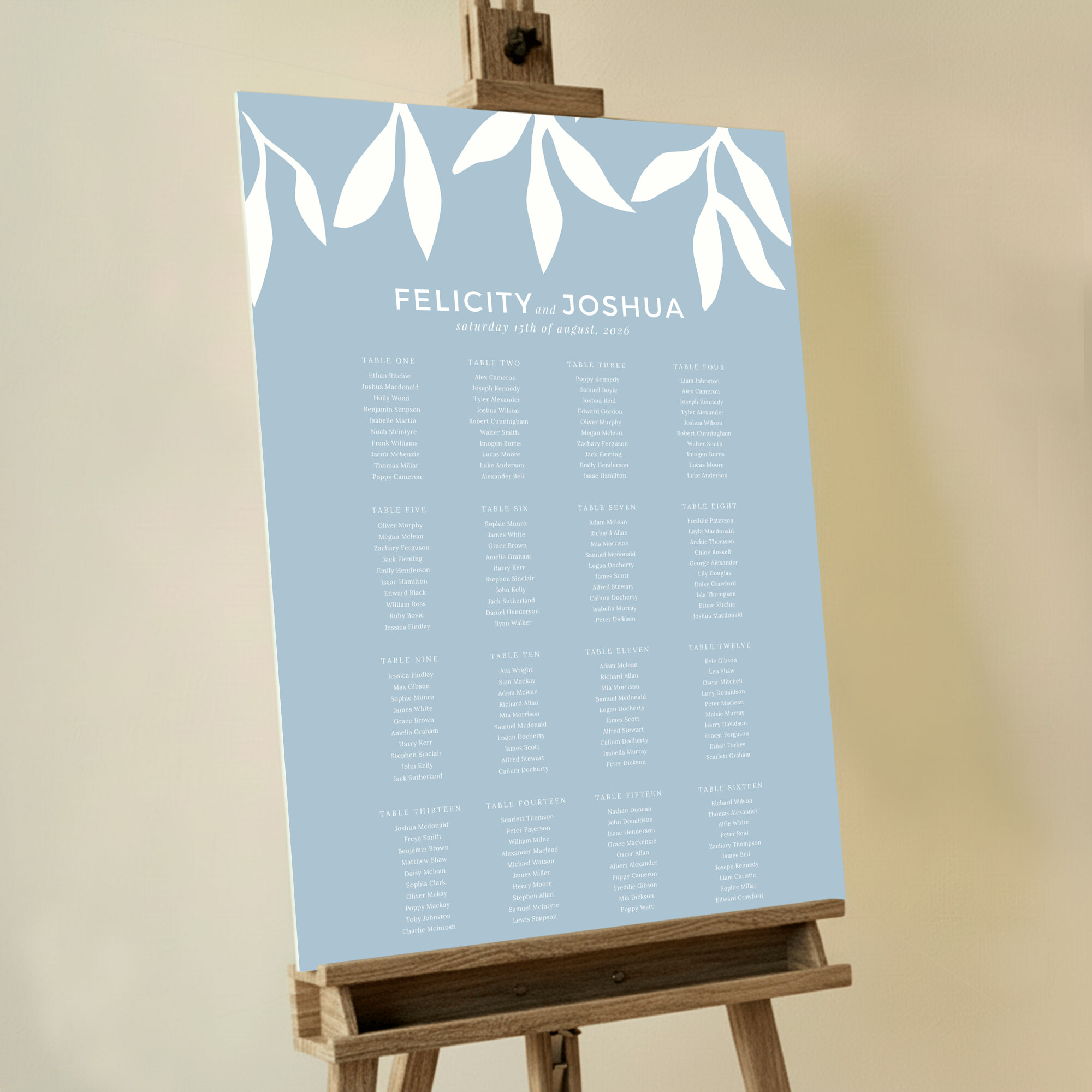 'Winter Bloom' Seating Plan design featuring an ice blue background and delicate white floral notes, evoking a frosty and enchanting atmosphere for your event.. This design is formatted for 16 tables.