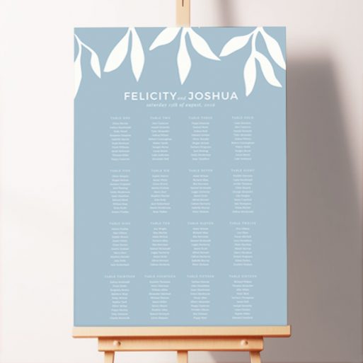 "Winter Bloom" Seating Plan design featuring an ice blue background and delicate white floral notes, evoking a frosty and enchanting atmosphere for your event.. This design is formatted for 16 tables.
