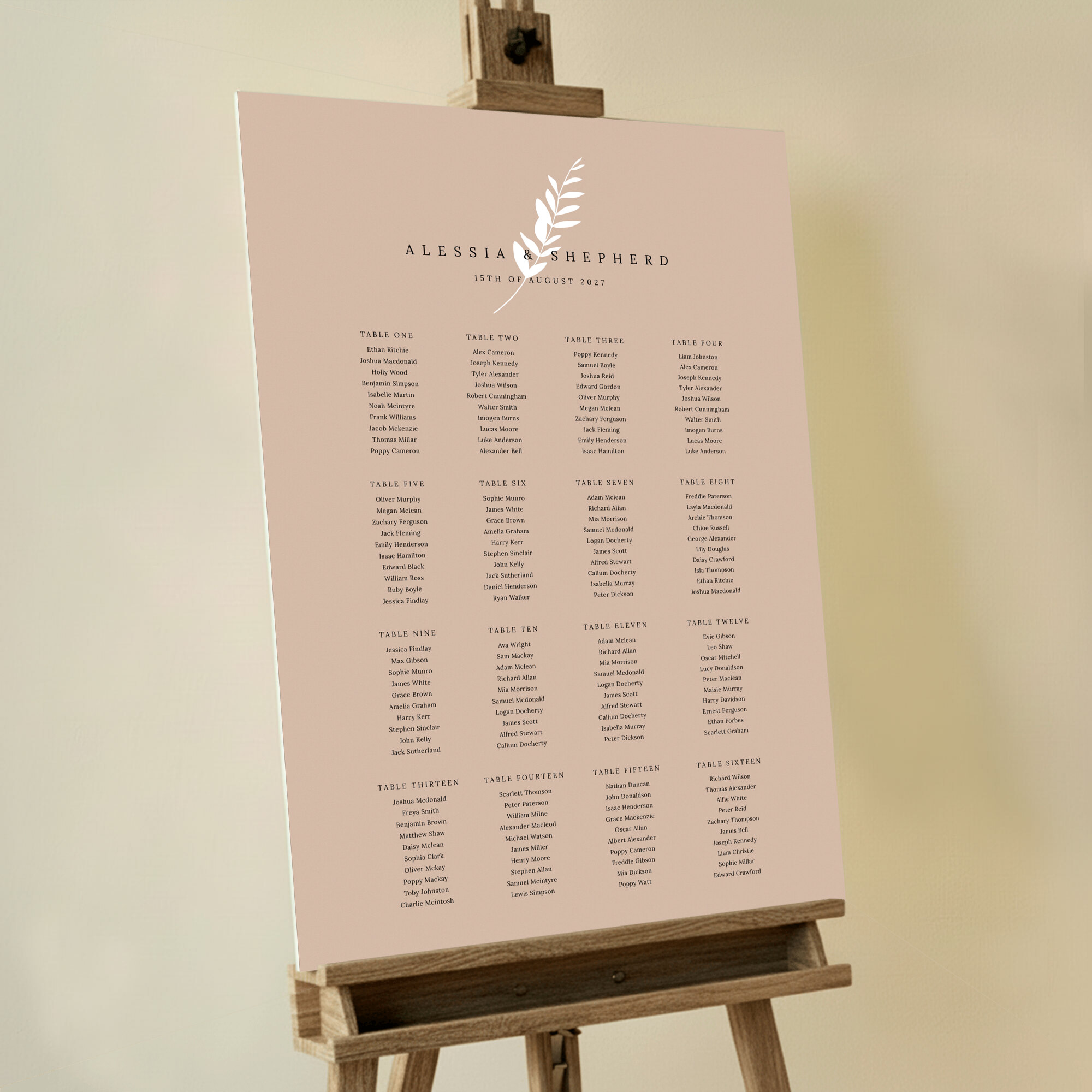Winter Fern Foamex Seating Plans with a dark cream or taupe background and a white fern at the centre, capturing the serene beauty of winter or autumn for your seasonal wedding.. This template shows 16 tables.