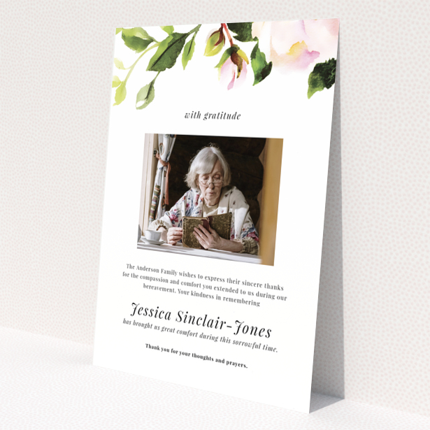 Funeral thank you card with one photo featuring an elderly woman reading a book