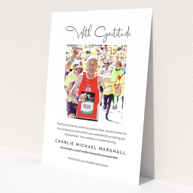 Funeral thank you card design with 'With Gratitude' message and one photo of a runner