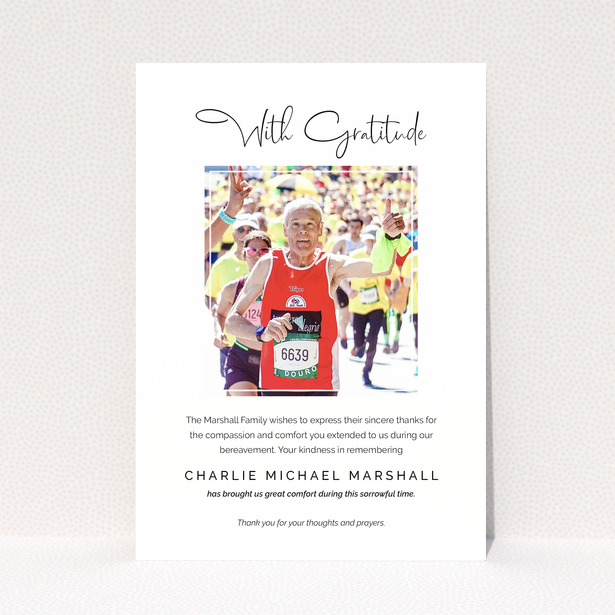 Funeral thank you card design with "With Gratitude" message and one photo of a runner