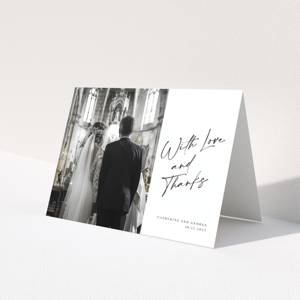 Wedding thank you card design with one photo featuring a couple in a church