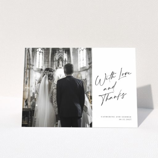 Wedding thank you card design with one photo featuring a couple in a church