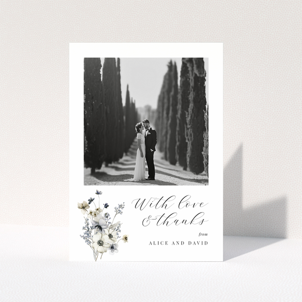 Wedding thank you card with floral design and one photo of a newlywed couple.