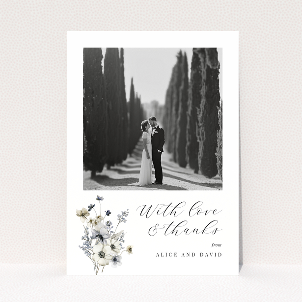 Wedding thank you card with floral design and one photo of a newlywed couple.