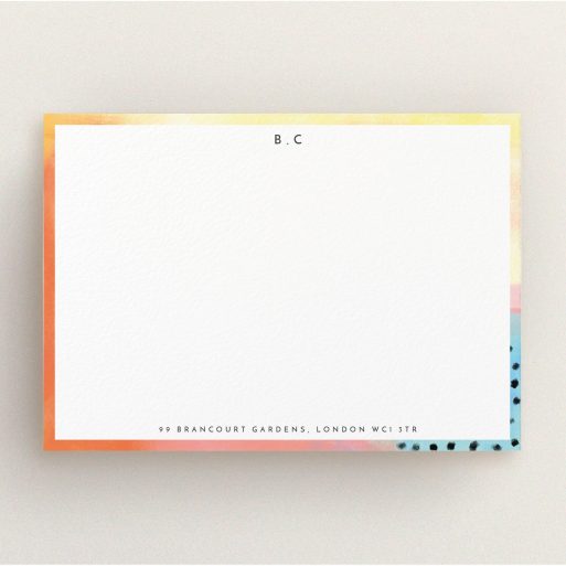 Correspondence Card Design for Women - "Abstract Pastel" A womens correspondence card named "Abstract Pastel". It is an A5 card in a landscape orientation. "Abstract Pastel" is available as a flat card, with tones of orange, red and yellow.