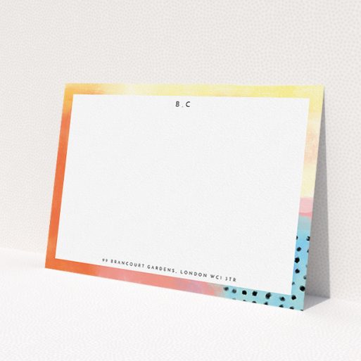 A womens correspondence card named 'Abstract Pastel'. It is an A5 card in a landscape orientation. 'Abstract Pastel' is available as a flat card, with tones of orange, red and yellow.