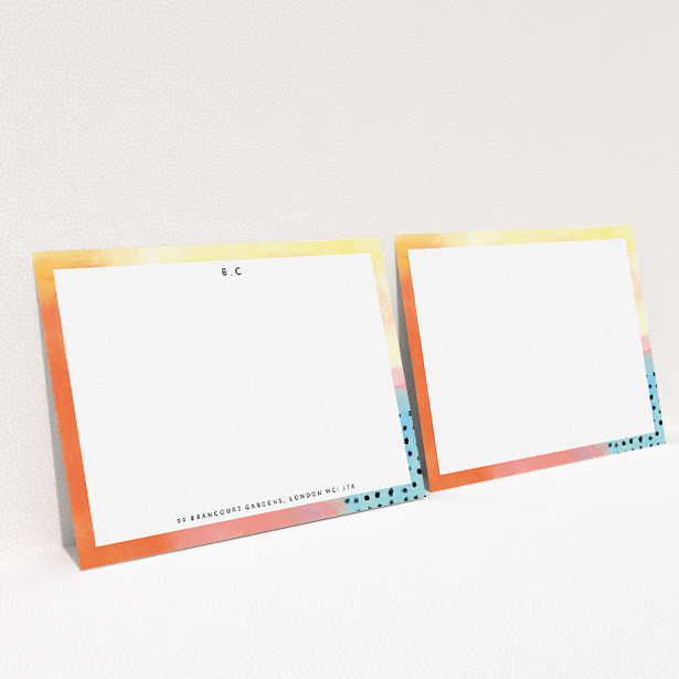 A womens correspondence card named "Abstract Pastel". It is an A5 card in a landscape orientation. "Abstract Pastel" is available as a flat card, with tones of orange, red and yellow.