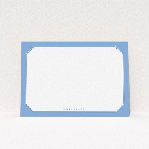 A womens correspondence card design called "Classic blue". It is an A6 card in a landscape orientation. "Classic blue" is available as a flat card, with tones of blue and white.