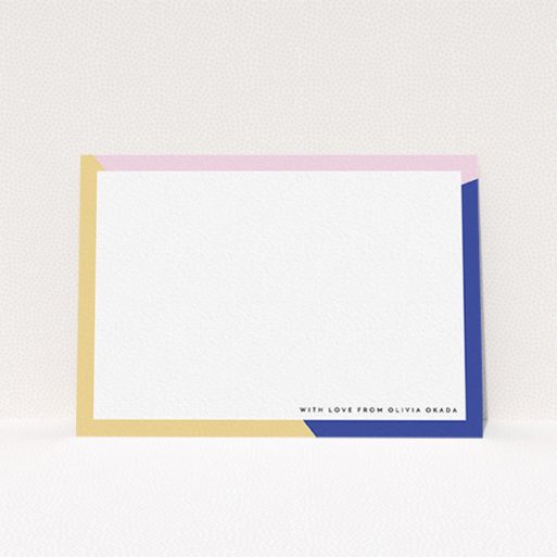 A womens correspondence card design named "Colour Thirds". It is an A6 card in a landscape orientation. "Colour Thirds" is available as a flat card, with tones of white, blue and pink.