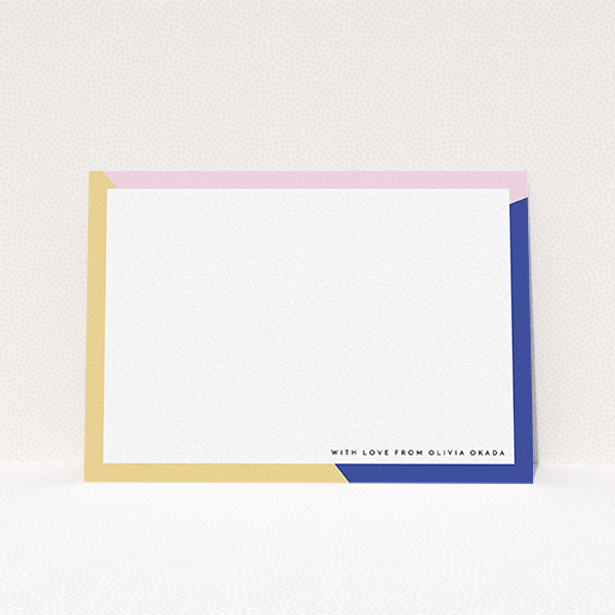 A womens correspondence card design named "Colour Thirds". It is an A6 card in a landscape orientation. "Colour Thirds" is available as a flat card, with tones of white, blue and pink.